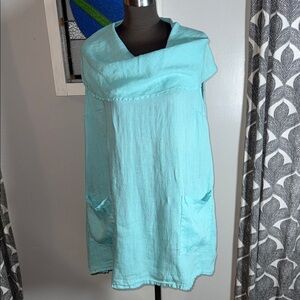 Match Point cowl-neck sleeveless linen tunic with two front patch pockets SZ S